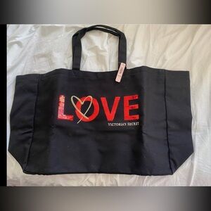 Victorias Secret Large Black Canvas Tote Bag Love Heart Red Sequins
NWT